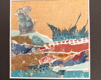 May include: Mixed media artwork featuring a collage of a ship sailing on a sea. The artwork uses torn paper in shades of blue, brown, and red, with a textured tan background. The ship is a detailed illustration with teal sails.
