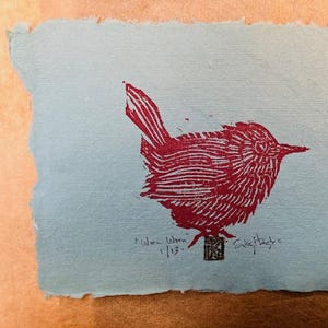 Celadon Wren Wren, Original Linocut, Hand-pulled Print, Limited Edition, Jenny Wren, Bird Linocut Print, Bird Lover