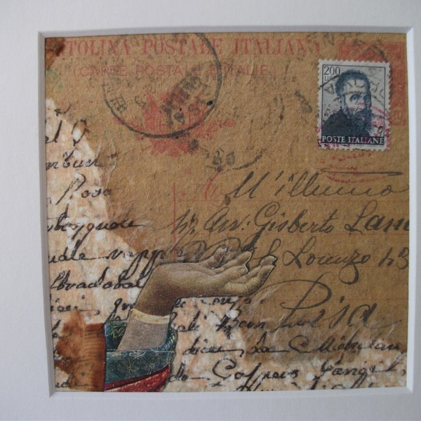 Italian Original Abstract Collage Art Mixed Media Renaissance Michelangelo Stamp Italian Beckoning Hand Recycled Paper