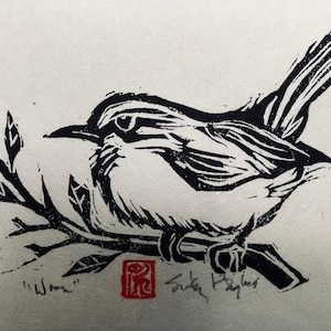 Wren, Original Linocut, Hand-pulled Print, Jenny Wren, Bird Linocut Print, Matted Linocut Print, Bird Lover