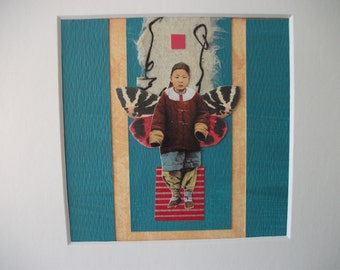 Asian Chinese Child Japanese Asian Original Abstract Collage Art Mixed Media Butterfly