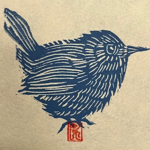 Blue Wren Wren, Original Linocut, Hand-pulled Print, Jenny Wren, Bird Linocut Print, Matted Print, Bird Lover