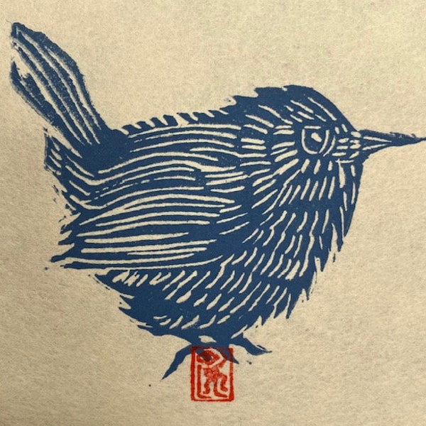 Blue Wren Wren, Original Linocut, Hand-pulled Print, Jenny Wren, Bird Linocut Print, Matted Print, Bird Lover