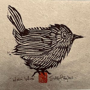 Rustic Wren Wren, Original Linocut, Hand-pulled Print, Jenny Wren, Bird Linocut Print, Matted Print, Hemp Paper, Bird Lover, Original Art