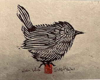 Rustic Wren Wren, Original Linocut, Hand-pulled Print, Jenny Wren, Bird Linocut Print, Matted Print, Hemp Paper, Bird Lover, Original Art