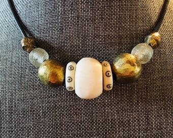 OOAK Tribal Ethnic African Asian Style Bone Bronze Leather Necklace Elegant Simple
