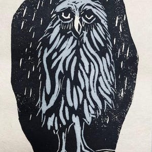 Rainy Day Owl, Owl Linocut Print, Bird Linocut, Fun Linocut, Original Linocut, Bird Lover
