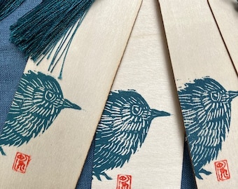 Wren Linocut Bookmark, Handprinted Bookmarks, Chinese Tassel, Book Lover, Bird Lover, Book Club Gift