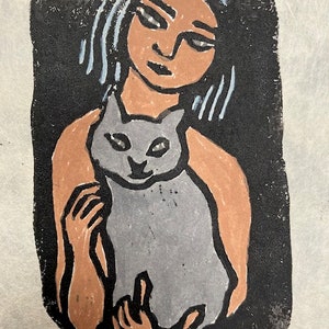 Cat with Girl, Grey Cat Linocut, Cat Art, Original Linocut, Blue-haired Girl, Girl of Color, OOAK Art, Small Work of Art, Cat Lover
