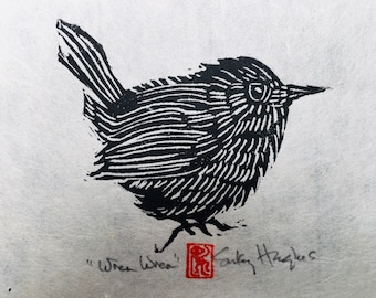 Wren Wren, Original Linocut, Hand-pulled Print, Jenny Wren, Bird Linocut Print, Matted Print, Bird Lover