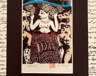 Asherah Goddess, Tree of Life, Mother Goddess, Handpainted  Linocut, Caprids, Original Print