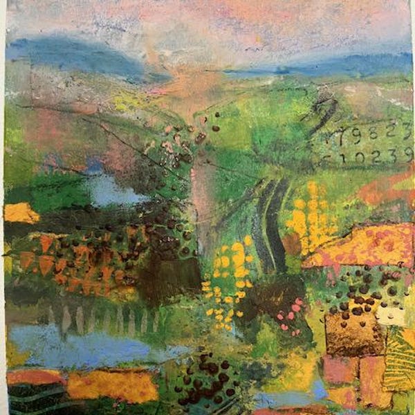 Original Landscape Collage Painting, "Greenfields", OOAK, Oil Pastel and Mixed Media
