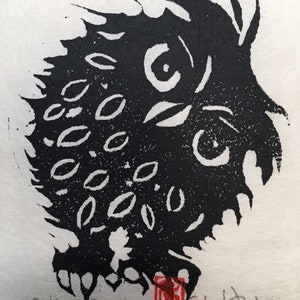 Curiosity Owl, Owl Linocut Print, Whimsical Owl, Original Linocut, Small Works of Art, Bird Lover