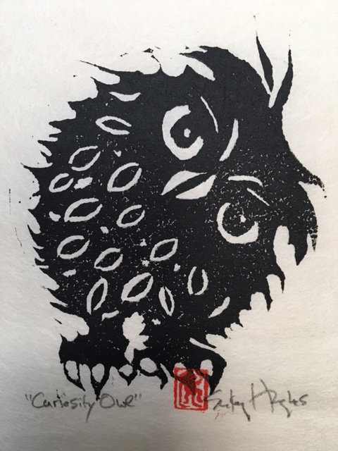Curiosity Owl, Owl Linocut Print, Whimsical Owl, Original Linocut, Small Works of Art, Bird Lover