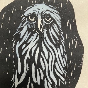 Rainy Day Owl, Owl Linocut Print, Bird Linocut, Fun Linocut, Original Linocut, Bird Lover
