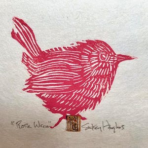Rose Wren, Original Linocut, Hand-pulled Print, Jenny Wren, Bird Linocut Print, Matted Print, Bird Lover