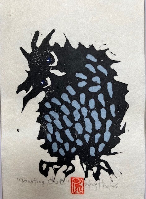 Doubting Owl, Original Linocut, Bird Linocut, Original Print, Whimsical Art Print, Bird Lover