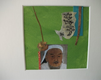 Asian Original Abstract Collage Art Mixed Media Chinese Calligraphy Japanese Paper Flower Historical Confucius