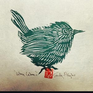 Green Wren Wren, Original Linocut, Hand-pulled Print, Jenny Wren, Bird Linocut Print, Matted Print, Bird Lover