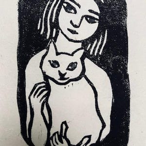Cat with Girl, Cat Art, Original Linocut, OOAK Art, Small Work of Art, Cat Lover
