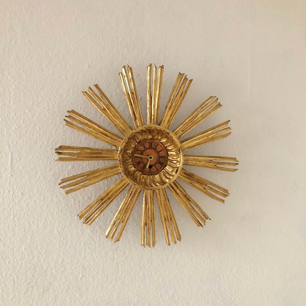 Horloge Sunburst Bois Plaqué Or Mid Century Moderne Années 1950