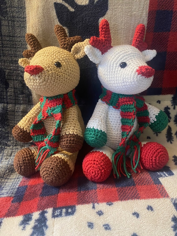 Mini Christmas Reindeer, available in two festive colors, crochet reindeer, handmade, amigurumi reindeer, made in Michigan