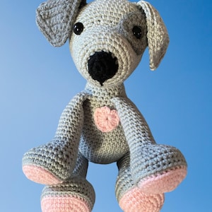 Valentine&#39;s Puppy with Pink Heart, handmade puppy, crochet puppy, puppy with eye patch