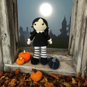 Wednesday Doll with black pumpkin, Wednesday Addams, Crochet Wednesday Doll, Handmade Wednesday, Amigurumi Wednesday Doll