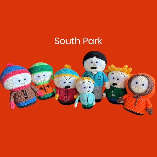 South Park Inspired Amigurumi Characters, Handmade, Crochet, Cartman, Kenny, Stan, Kyle, Butters, Randy and Twitch