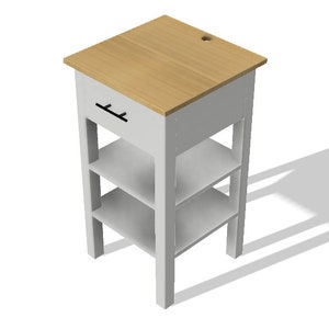May include: White kitchen cart with a wood top and a drawer. The cart has three shelves and four legs.