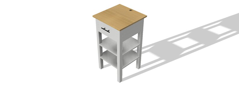 May include: White kitchen cart with a wood top and a drawer. The cart has three shelves and four legs.