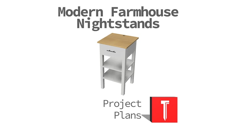 May include: White wooden nightstand with a light wood top, a drawer, and two shelves. The nightstand is a DIY project plan.