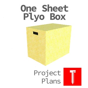 Puede incluir: Una caja de plyo amarilla con una manija negra. La caja está hecha de madera y tiene una superficie texturizada. El texto "One Sheet Plyo Box" está encima de la caja. El texto "Project Plans" está debajo de la caja. Un logotipo rojo con un martillo y un clavo está a la derecha del texto.