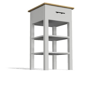 May include: White wooden end table with a single drawer and two shelves. The top is made of wood with a natural finish.