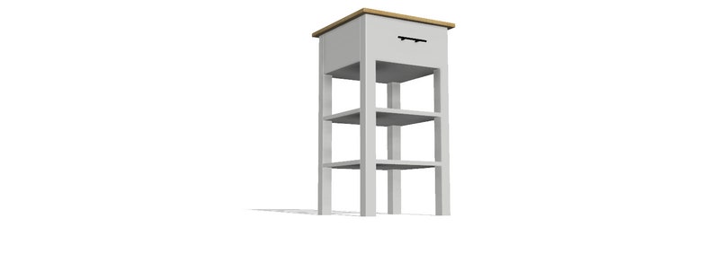 May include: White wooden end table with a single drawer and two shelves. The top is made of wood with a natural finish.