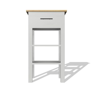May include: White wooden stand with a single drawer and two shelves. The top is made of wood with a natural finish.