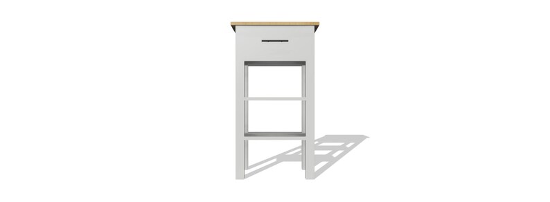 May include: White wooden stand with a single drawer and two shelves. The top is made of wood with a natural finish.