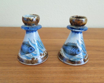 Ken Edwards Pottery Candlesticks Holders, Blue Brown Fish Seaweed, Handmade Mexican Glazed Ceramic Candleholders