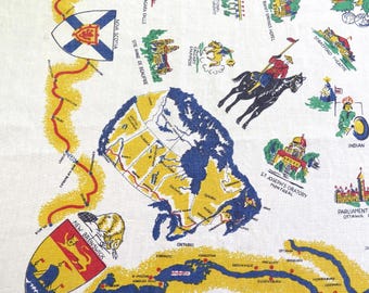 Vintage Kanada Souvenir Tischdecke, 1960er Jahre Leinen und Baumwolle mit mehrfarbigem Karte Wappen Historische Sehenswürdigkeiten Design, 50 "x 49"
