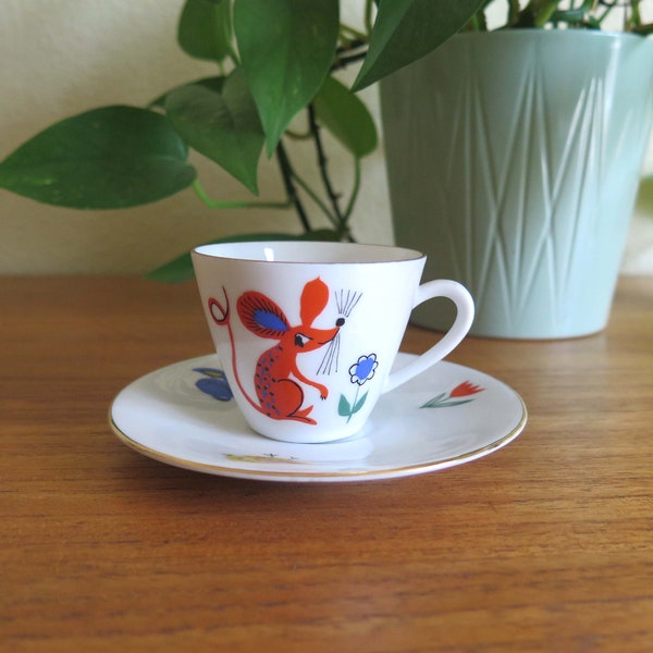 Seltmann Weiden Bavaria Child's Tea Cup and Saucer, 1970s German Porcelain Mouse Bunny Baby Chick Animal Flowers Tea Cup Demitasse Espresso