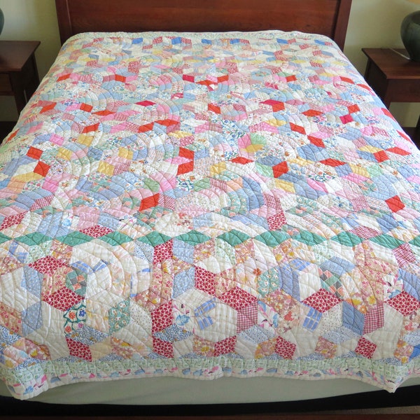 Vintage Handmade 1940s-1950s Tumbling Blocks Star Quilt, Twin, Multicolored Pastel Quilt, Bishops Fan Quilting Pattern