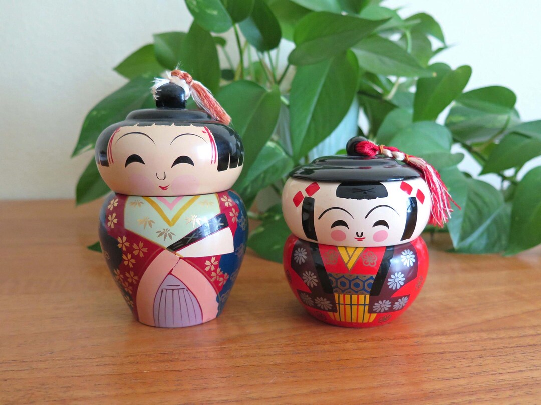 Set of Two Vintage Japanese Kokeshi Doll Jubako Boxes, Laquered ...