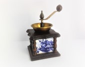 Antique vintage wooden coffee mill grinder with blue and white tile, wood faience tiles, Dutch Delft style, design Zassenhaus West Germany