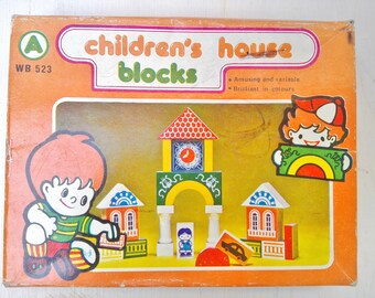 Vintage wooden building blocks for children - children's house blocks, 1970s