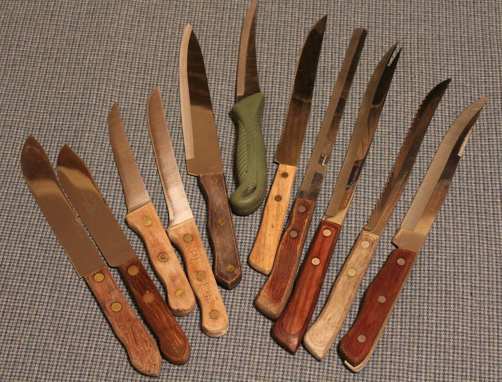 Vintage Rustic Kitchen Tools, Old Knife and Fork Collection, Meat Cleaver,  Sharpening Steels, Serrated Knife, Meat Forks, Serrated Knife 