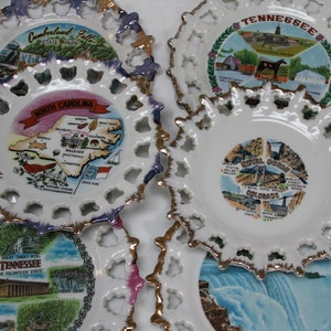 Souvenir Collector Plates ~ Vintage Travel Memorabilia ~ Decorative Wall Plates ~ Pierced with Trim ~ Excellent Retro Decor