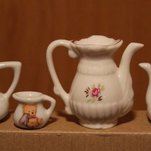 Miniature Porcelain Tea Sets ~ Floral Basket ~ Teddy Bears ~ Rose Gold Trim ~ Adorable Display Pieces ~ Dollhouse Accessories ~Collectibles