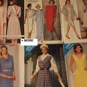 May include: A collection of vintage sewing patterns for dresses. The patterns feature different styles, including a pink dress with a Peter Pan collar, a plaid dress with a V-neck, a blue dress with a cowl neck, a plaid dress with a vest, and a yellow dress with a V-neck and a tie.