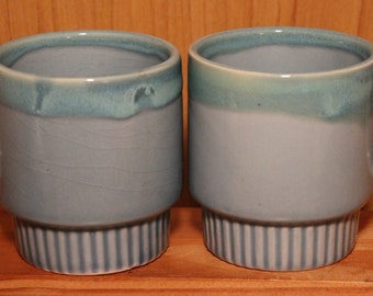 Turquoise Green/Blue Drip Cups ~ Ceramic Coffee/Tea Cups ~ Handled ~ Stackable ~ Vintage Collectible Circa 1970's Drinkware
