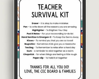 Teacher Survival Kit PDF Digital Download | Editable Printable Teacher Appreciation Gift | Back to School Essentials Teacher Present